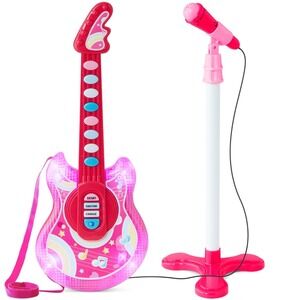 19-Inch Kids Electric Toy Guitar with Microphone and Stand - Pink Musical Toy